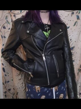 Women's Black Leather Biker Jacket with Zip Details